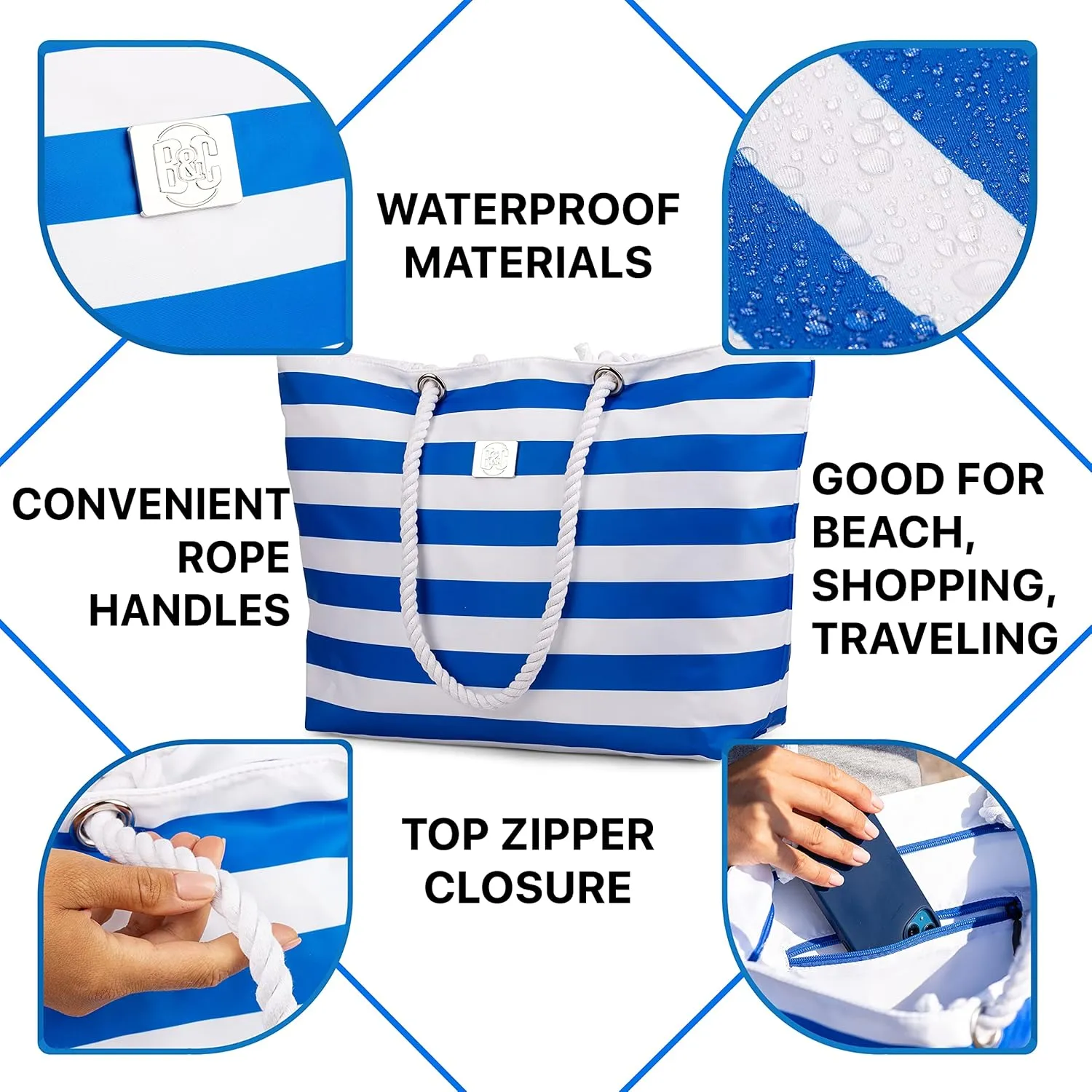 BANG&CARSEN Extra Large Beach Bag With Zipper - XXL Beach Tote Bag For Women With Many Pockets