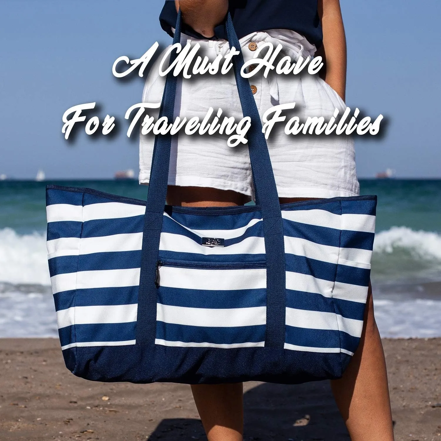 BANG&CARSEN Extra Large Beach Bag With Zipper - XXL Beach Tote Bag For Women With Many Pockets