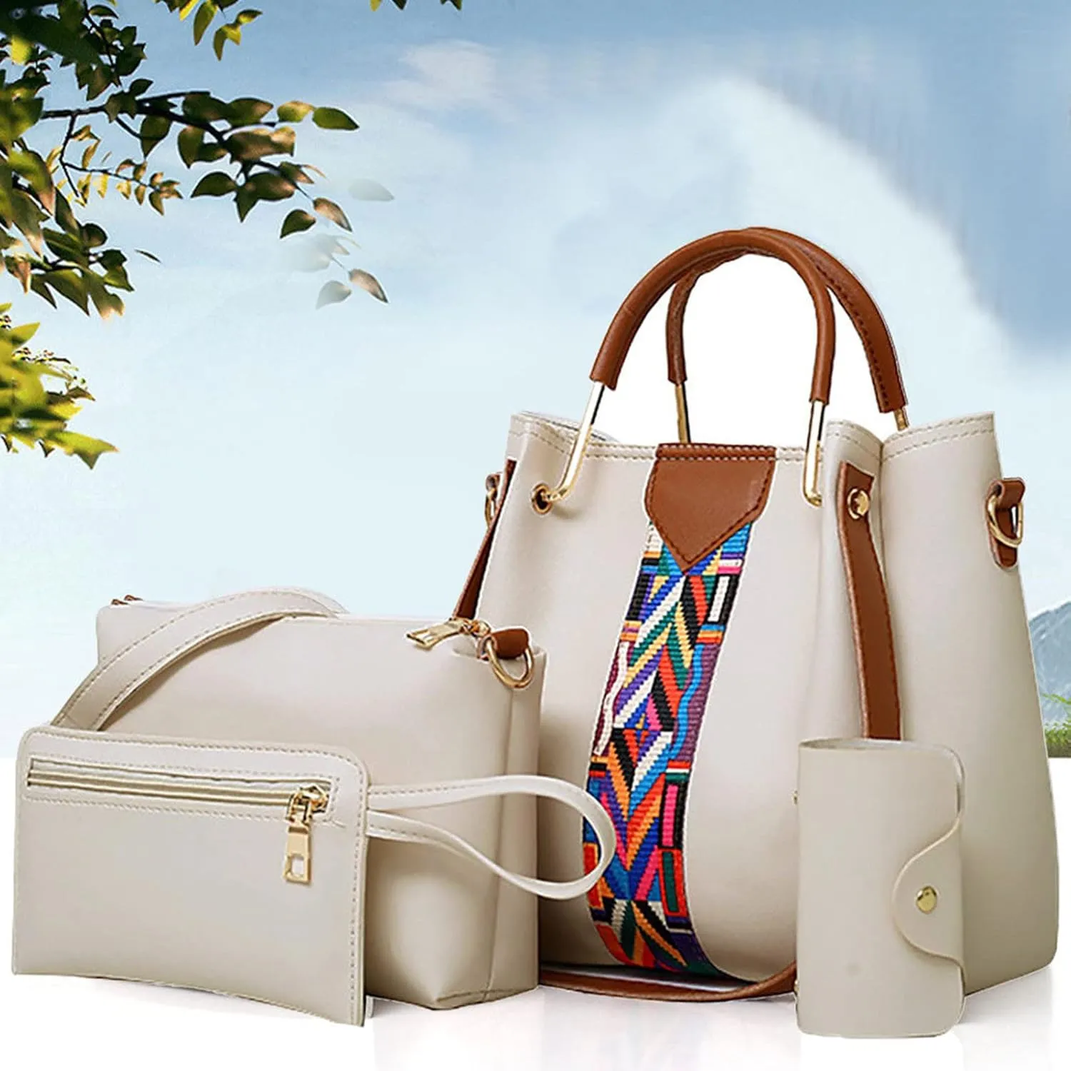 Beach Tote Bag 4 Packet Leather Solid Color Handbags Shoulder Bags Crossbody Hobo Bags Card Purse Work Travel Essential M