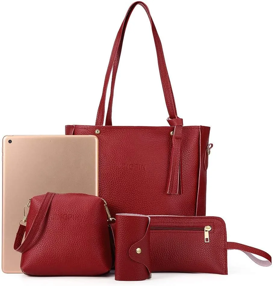 Beach Tote Bag 4 Packet Leather Solid Color Handbags Shoulder Bags Crossbody Hobo Bags Card Purse Work Travel Essential W