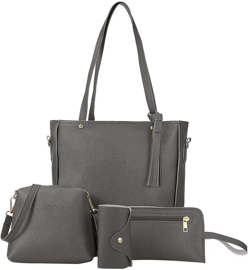 Beach Tote Bag 4 Packet Leather Solid Color Handbags Shoulder Bags Crossbody Hobo Bags Card Purse Work Travel Essential W