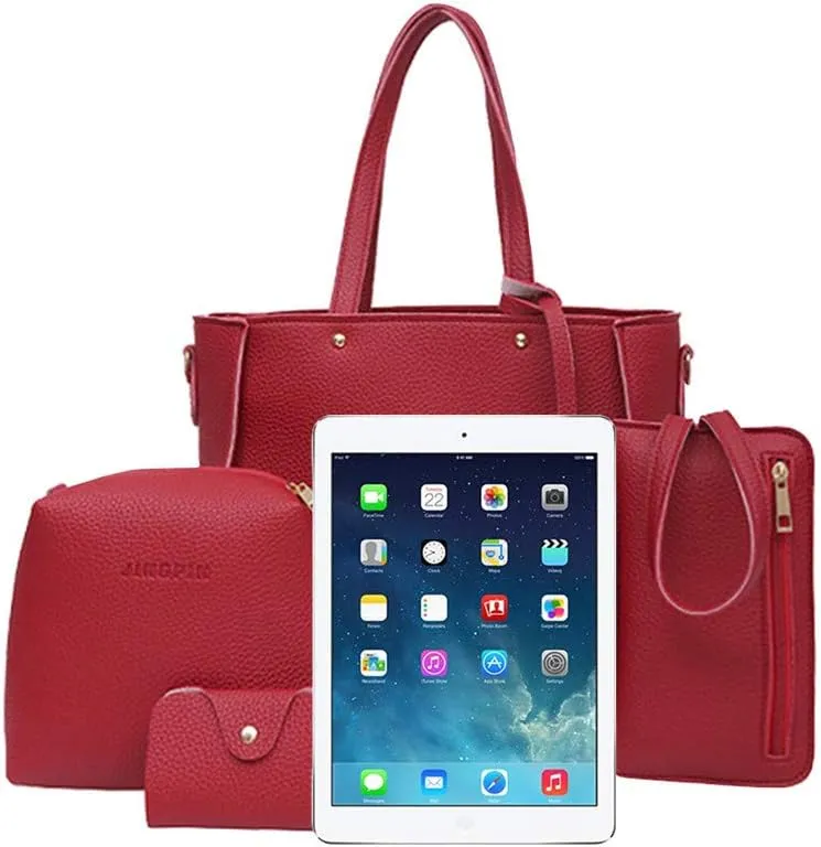 Beach Tote Bag 4 Packet Solid Color Leather Handbags Shoulder Bags Crossbody Hobo Bags Card Purse Work Travel Essential J