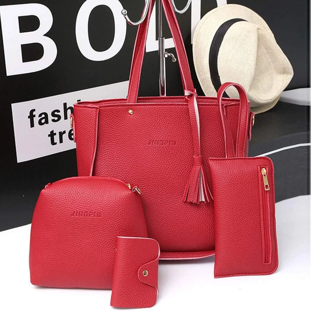Beach Tote Bag 4 Packet Solid Color Leather Handbags Shoulder Bags Crossbody Hobo Bags Card Purse Work Travel Essential J