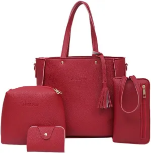 Beach Tote Bag 4 Packet Solid Color Leather Handbags Shoulder Bags Crossbody Hobo Bags Card Purse Work Travel Essential J