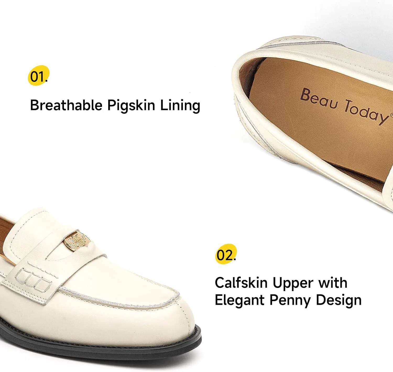 BEAU TODAY Flat Loafers for Women, Womens Leather Penny Loafers, Slip-on Flats for Women, Comfortable Dressy Business Casual Office Non-Slip Round Toe Loafers