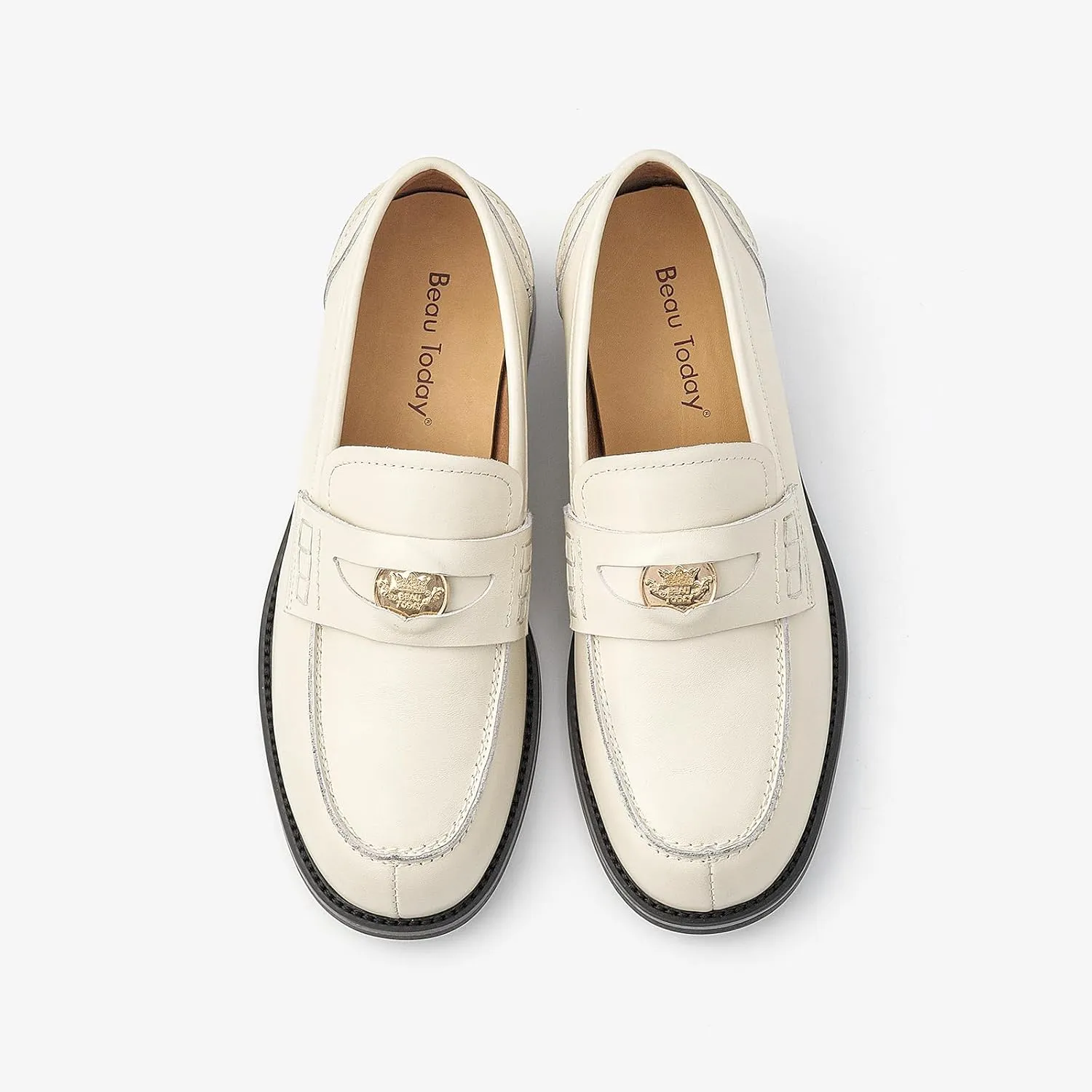 BEAU TODAY Flat Loafers for Women, Womens Leather Penny Loafers, Slip-on Flats for Women, Comfortable Dressy Business Casual Office Non-Slip Round Toe Loafers
