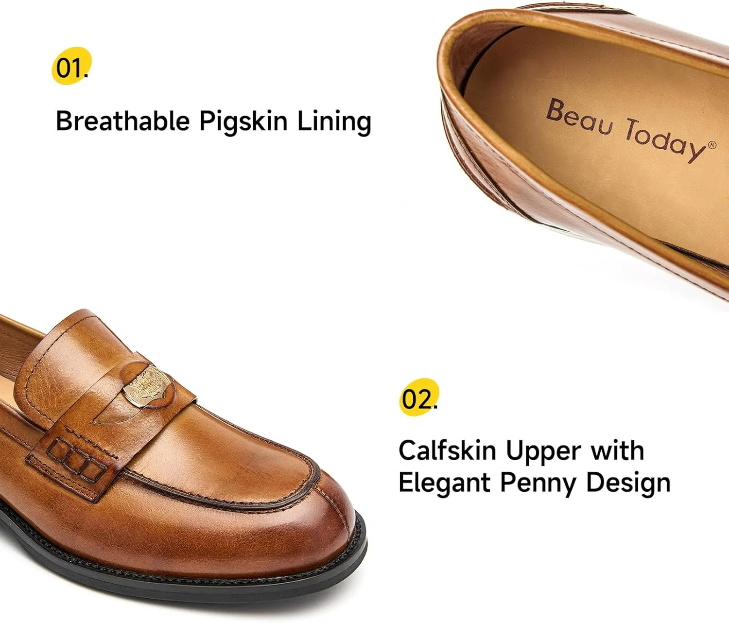 BEAU TODAY Flat Loafers for Women, Womens Leather Penny Loafers, Slip-on Flats for Women, Comfortable Dressy Business Casual Office Non-Slip Round Toe Loafers