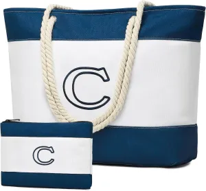 Becokan Initial Beach Bag Waterproof Canvas Beach Tote Bag Zipper Personalized Gifts for Women Her Birthday Travel Essentials
