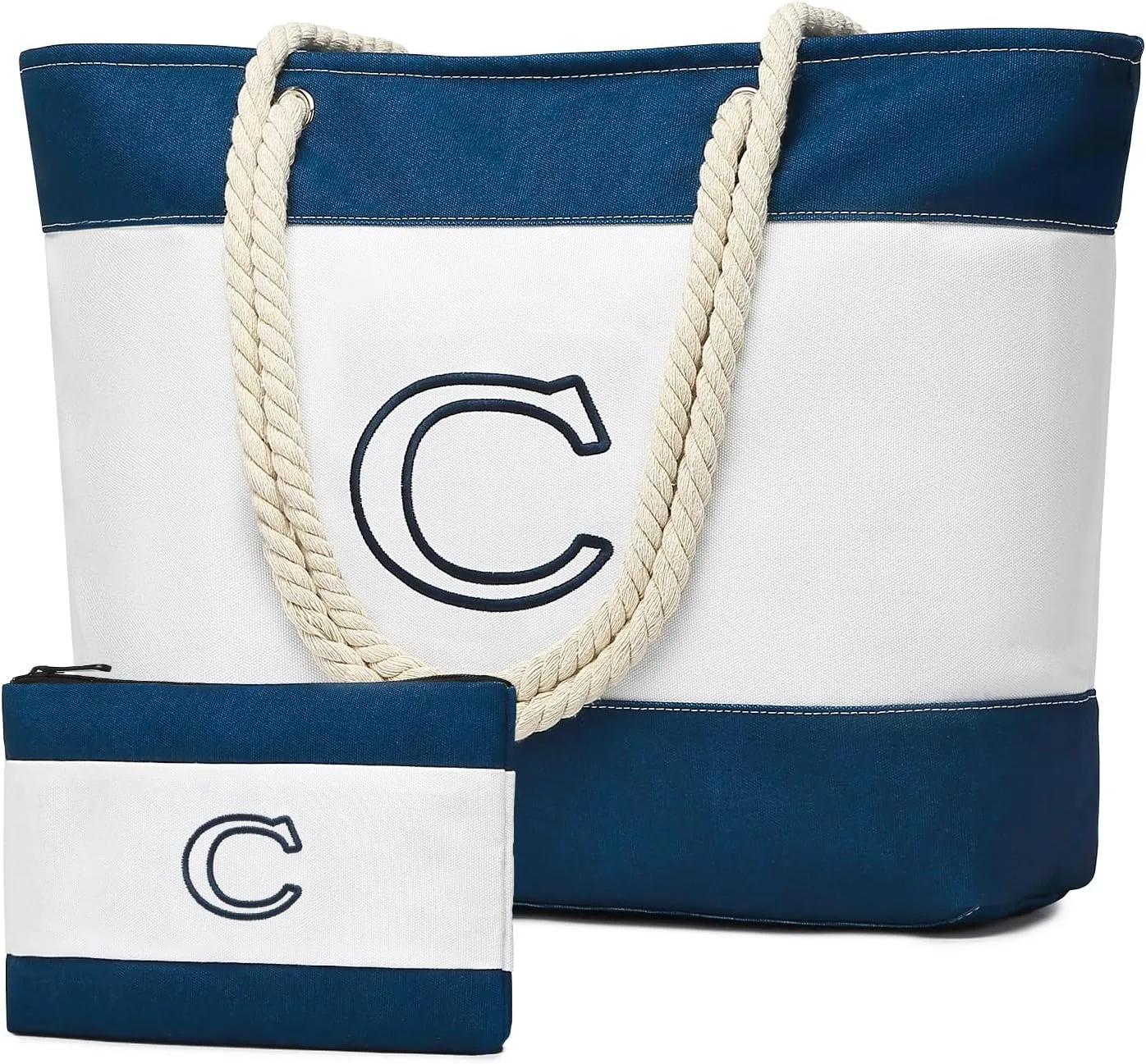 Becokan Initial Beach Bag Waterproof Canvas Beach Tote Bag Zipper Personalized Gifts for Women Her Birthday Travel Essentials