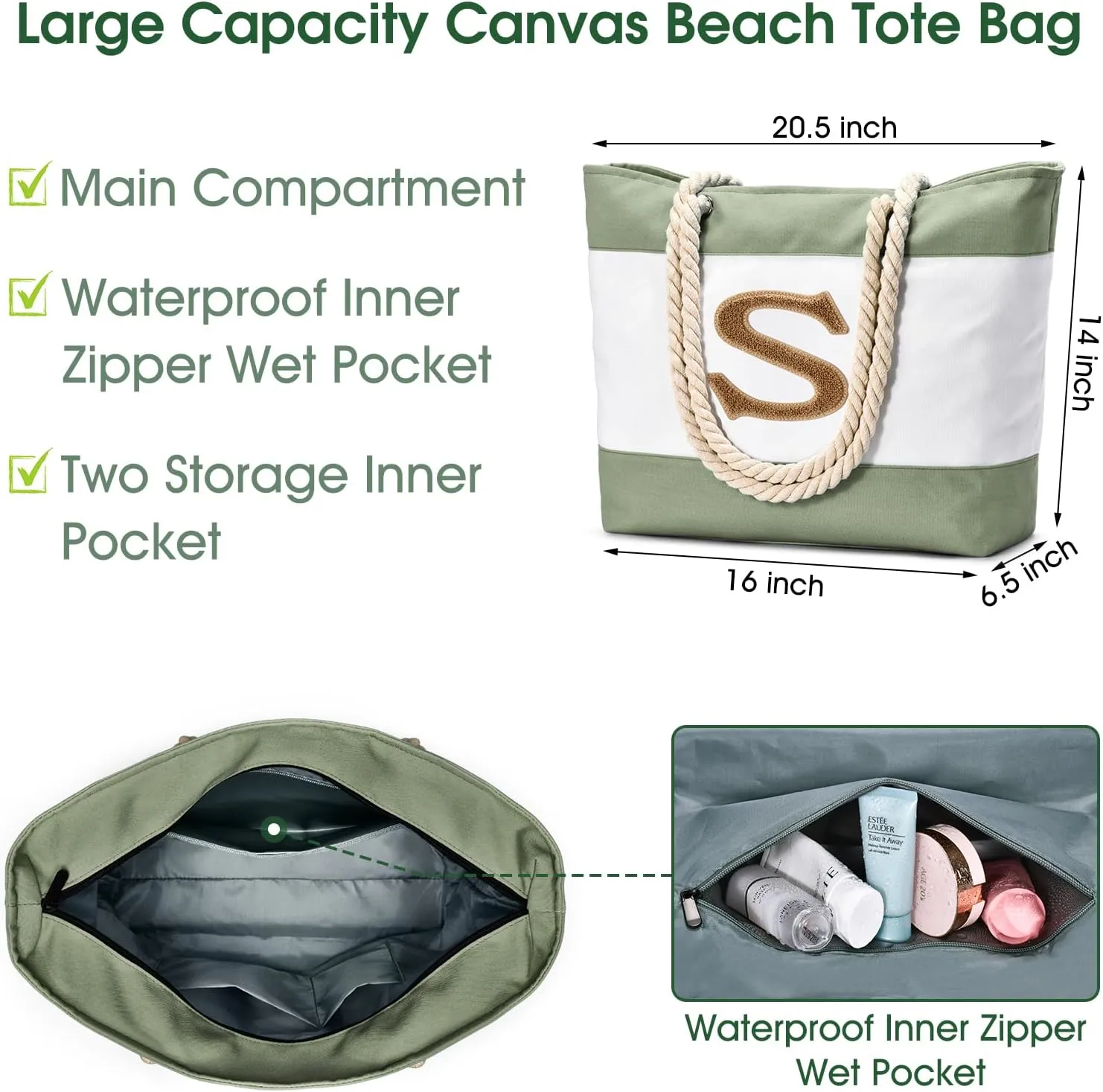 Becokan Initial Beach Bag Waterproof Canvas Beach Tote Bag Zipper Personalized Gifts for Women Her Birthday Travel Essentials