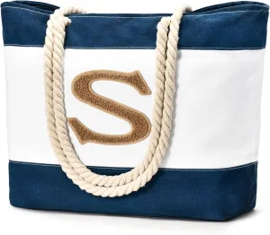 Becokan Initial Beach Bag Waterproof Canvas Beach Tote Bag Zipper Personalized Gifts for Women Her Birthday Travel Essentials