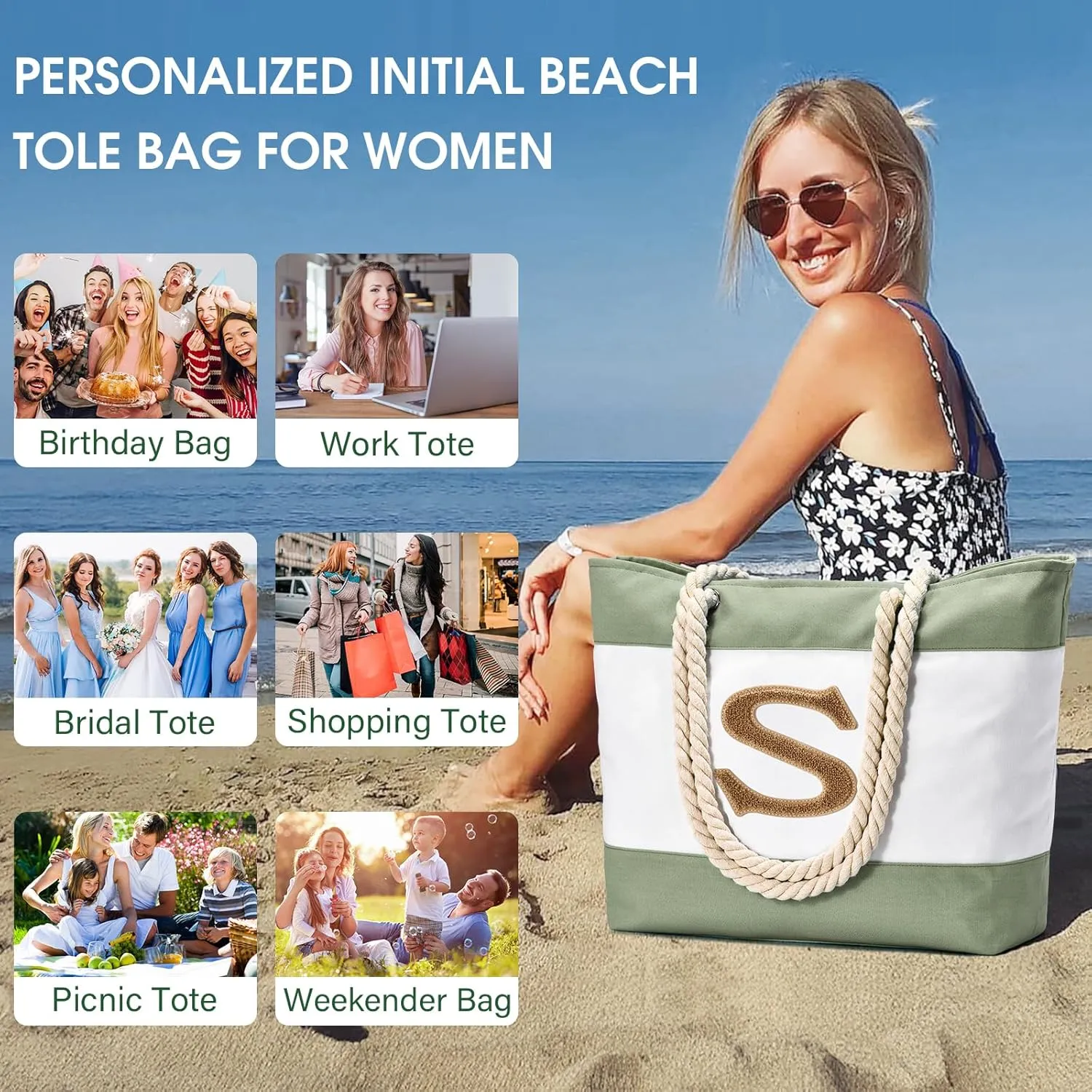 Becokan Initial Beach Bag Waterproof Canvas Beach Tote Bag Zipper Personalized Gifts for Women Her Birthday Travel Essentials