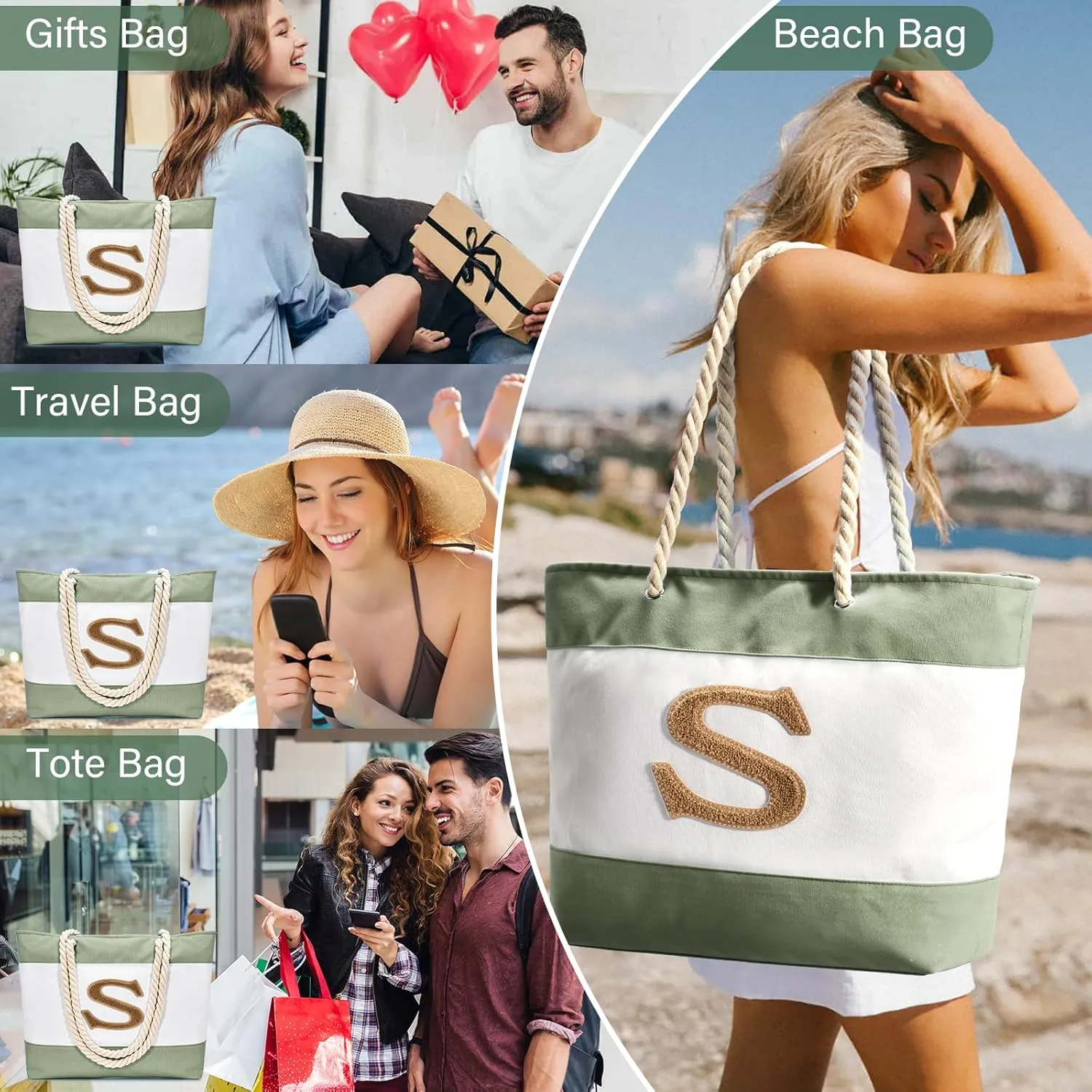 Becokan Initial Beach Bag Waterproof Canvas Beach Tote Bag Zipper Personalized Gifts for Women Her Birthday Travel Essentials