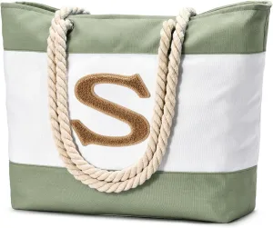Becokan Initial Beach Bag Waterproof Canvas Beach Tote Bag Zipper Personalized Gifts for Women Her Birthday Travel Essentials