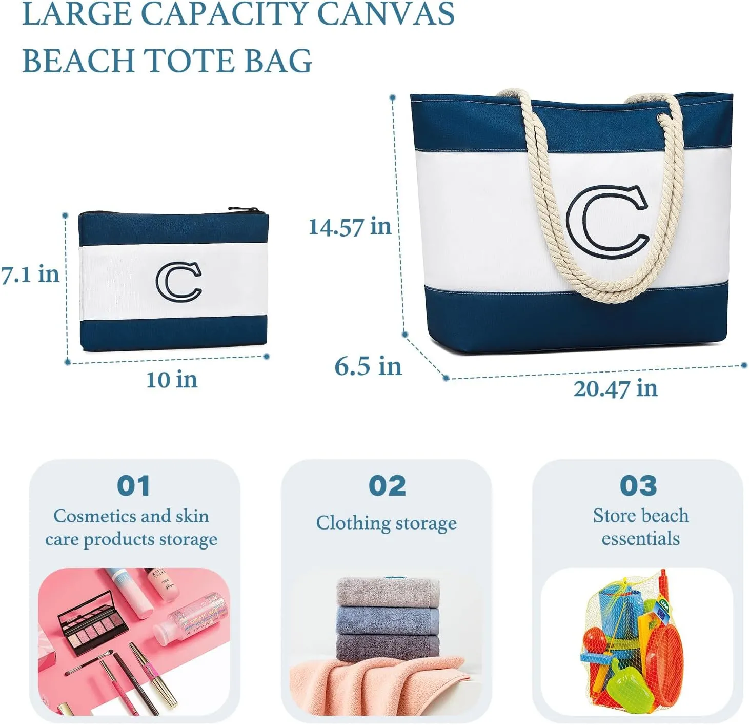 Becokan Initial Beach Bag Waterproof Canvas Beach Tote Bag Zipper Personalized Gifts for Women Her Birthday Travel Essentials