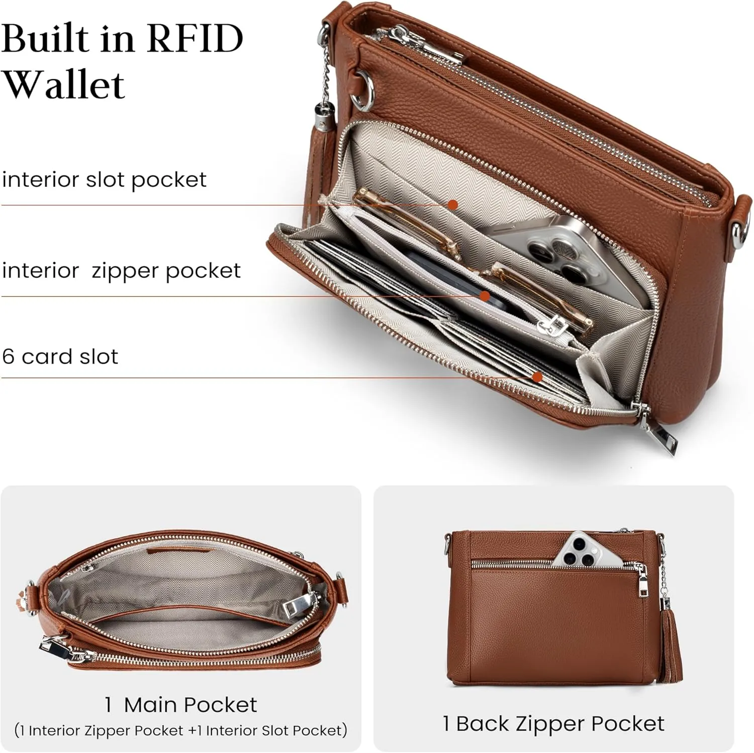 befen Anti Theft Genuine Leather Crossbody Bags for Women Handbags and Shoulder Basg with Built in Wallet RFID Leather Purse