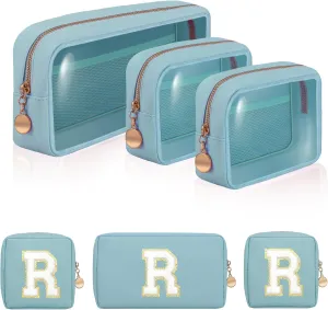 Birthday Gifts | Initial Clear Make Up Bag Travel Toiletry Bag Clear Makeup Bag Cosmetic Travel Beach Bag Car Organizer Essentials for Women Men | Gifts for Girlfriend Teacher | 3 Pcs Blue R