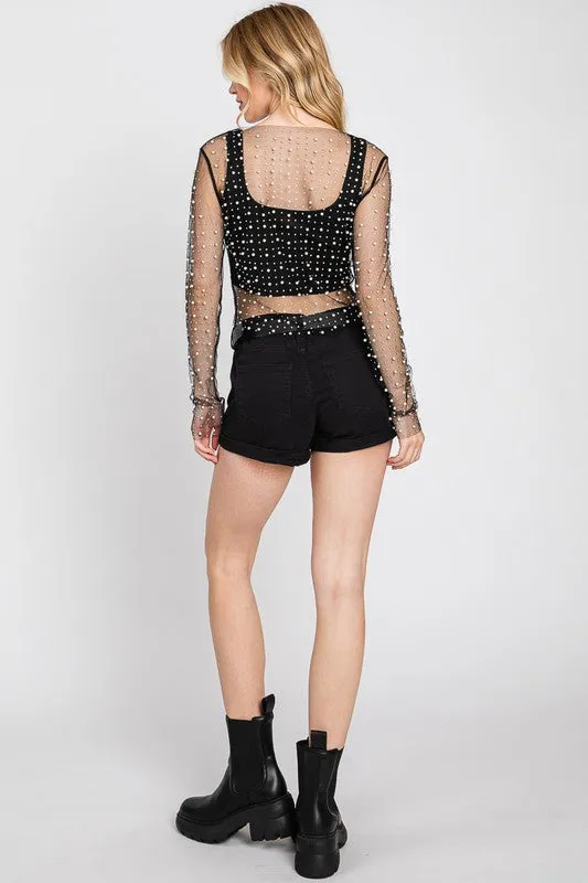 Black Rhinestone Studded Long Sleeve Top