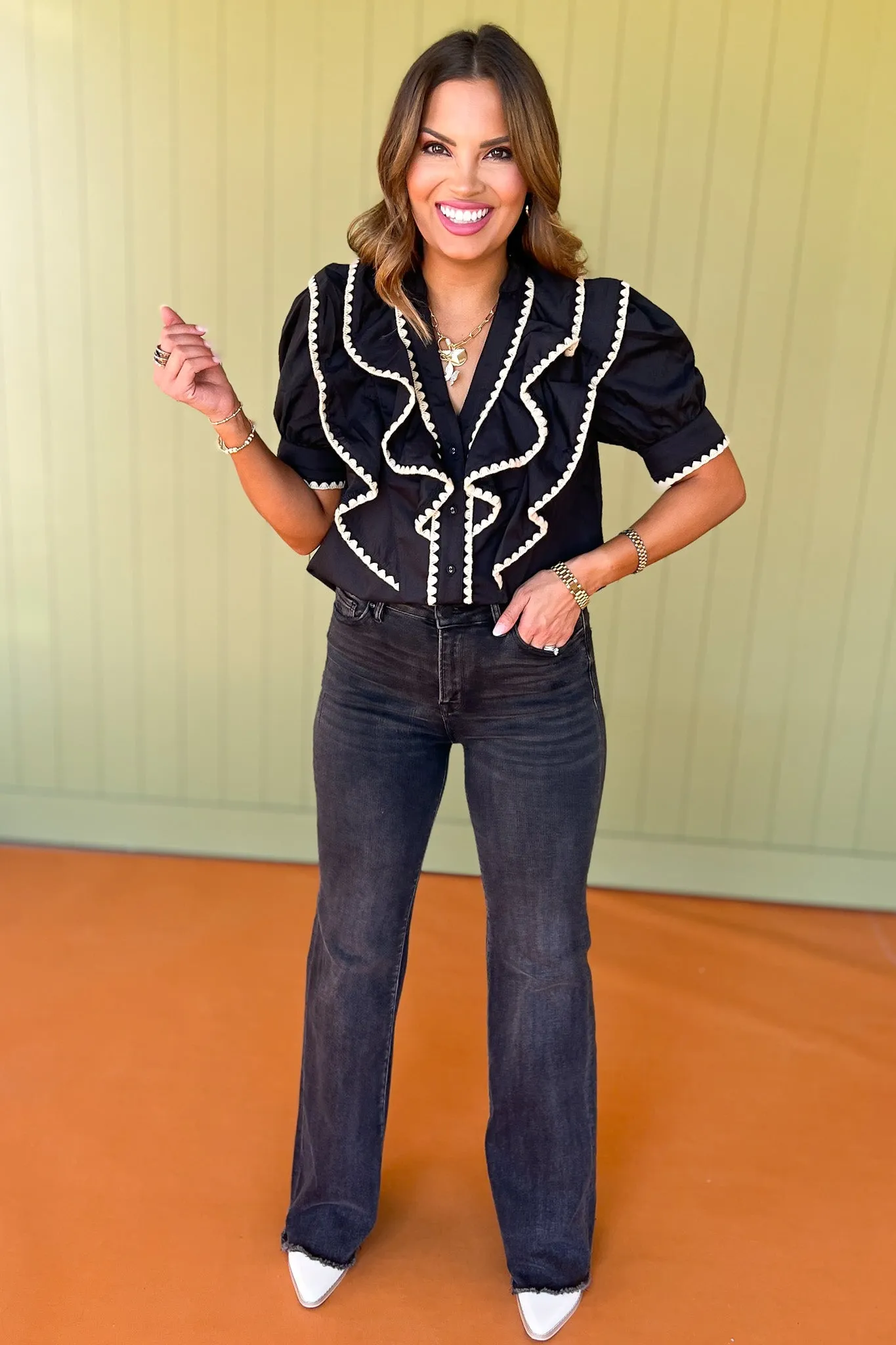 Black Ruffle Embroidered Detail Short Sleeve Top