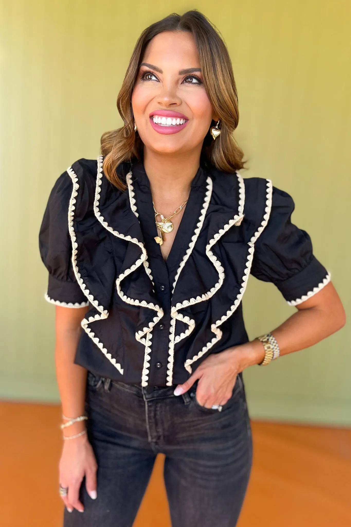 Black Ruffle Embroidered Detail Short Sleeve Top