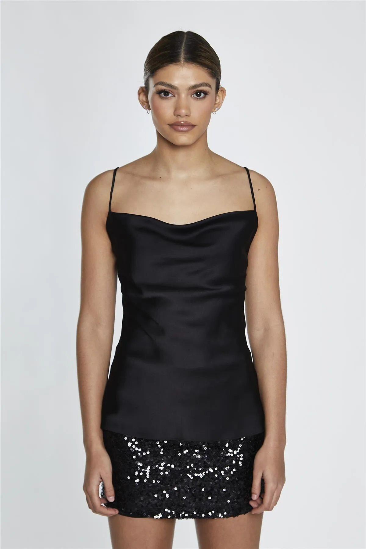 Black-Satin Cowl-Neck Cami-Top
