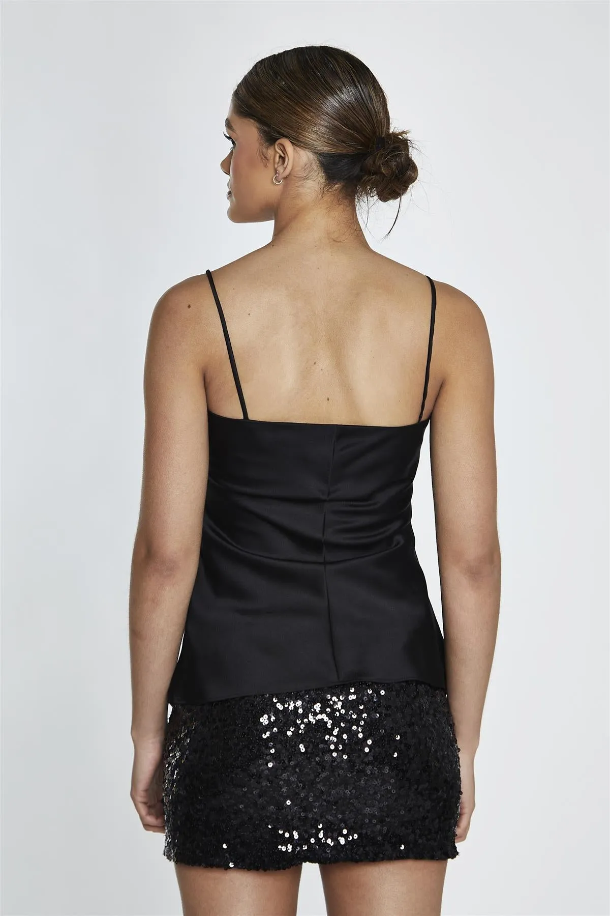 Black-Satin Cowl-Neck Cami-Top