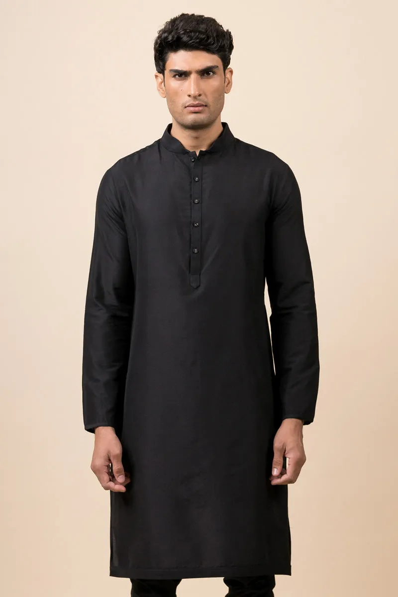 Black Single Kurta With Zero Point Collar
