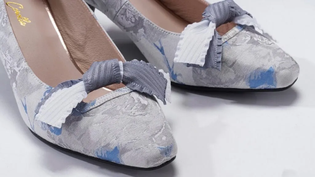 Blue Grey Regency Heels and Lolita Mules - Lolita Shoes with Bow