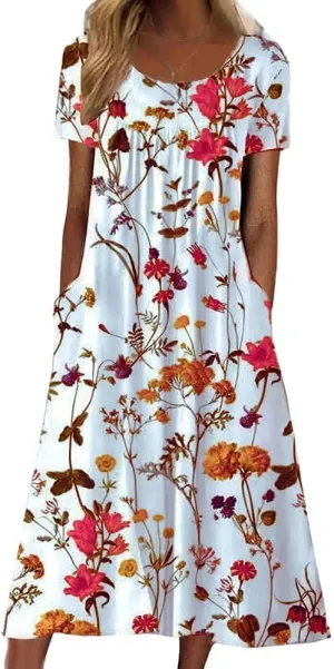 Boho Dresses for Women 2024 Short Sleeve Crewneck Floral Print Summer Beach Dress with Pockets S-3XL
