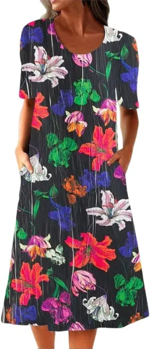 Boho Dresses for Women 2024 Short Sleeve Crewneck Floral Print Summer Beach Dress with Pockets S-3XL