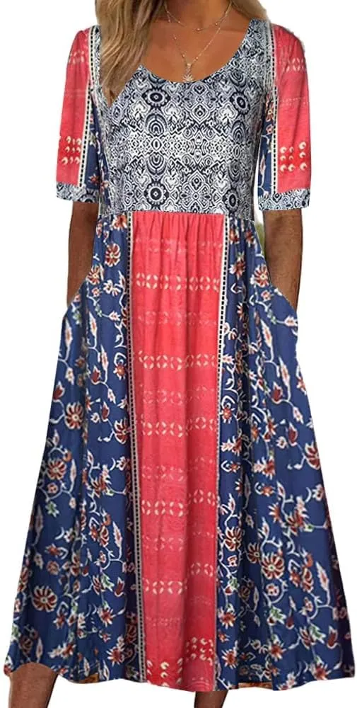 Boho Dresses for Women 2024 Short Sleeve Crewneck Floral Print Summer Beach Dress with Pockets S-3XL