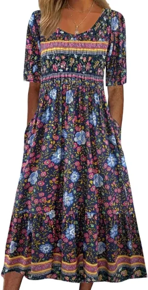 Boho Dresses for Women 2024 Short Sleeve Crewneck Floral Print Summer Beach Dress with Pockets S-3XL
