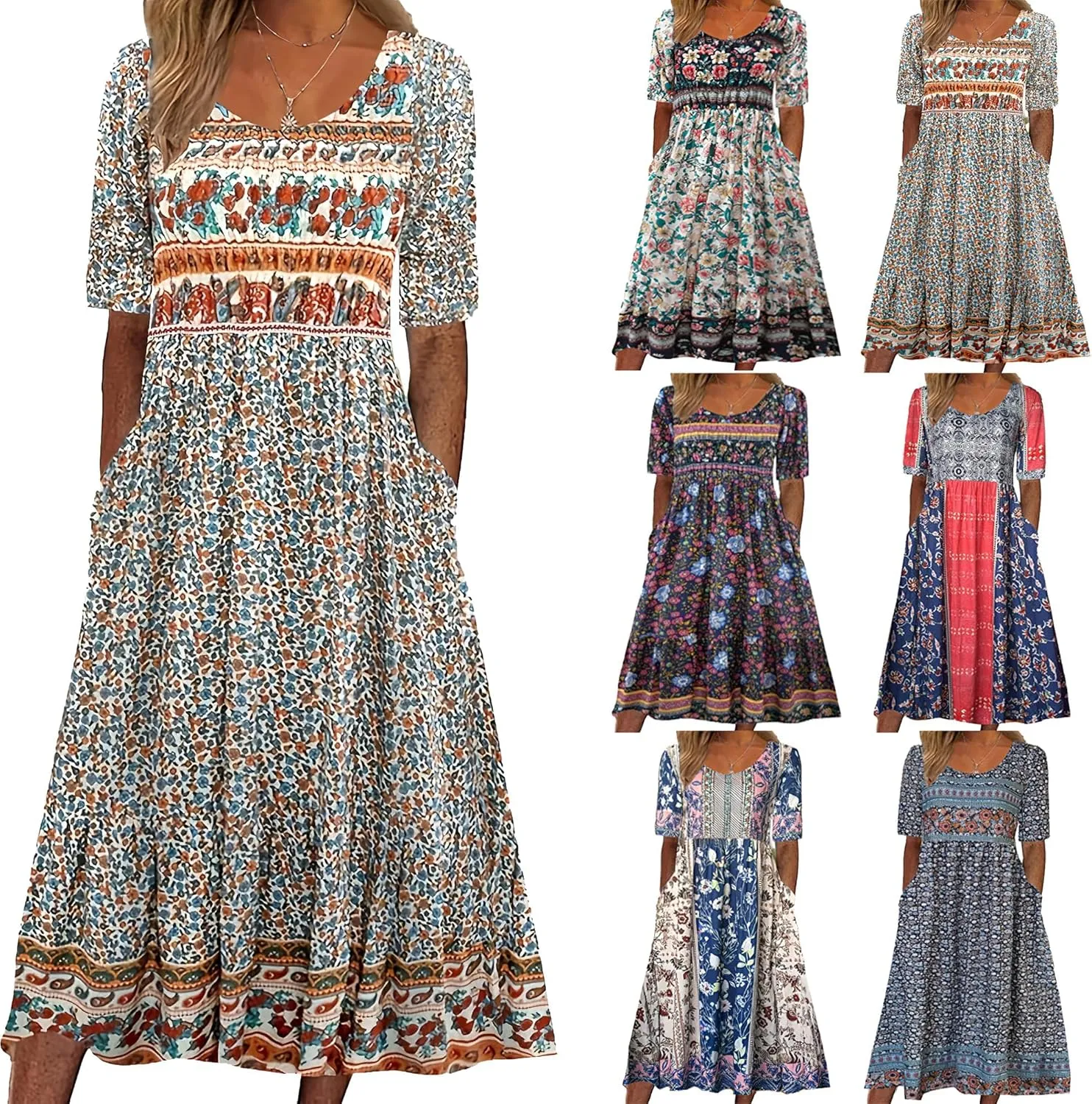 Boho Dresses for Women 2024 Short Sleeve Crewneck Floral Print Summer Beach Dress with Pockets S-3XL