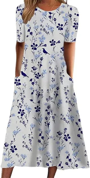 Boho Dresses for Women 2024 Short Sleeve Crewneck Floral Print Summer Beach Dress with Pockets S-3XL