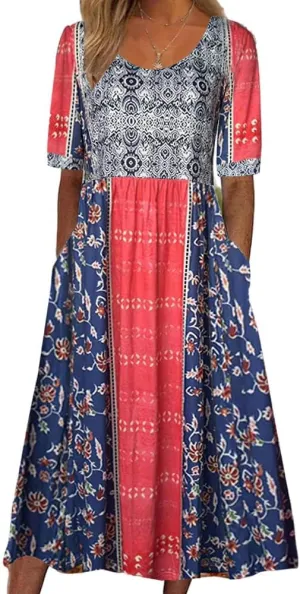 Boho Dresses for Women 2024 Short Sleeve Crewneck Floral Print Summer Beach Dress with Pockets S-3XL