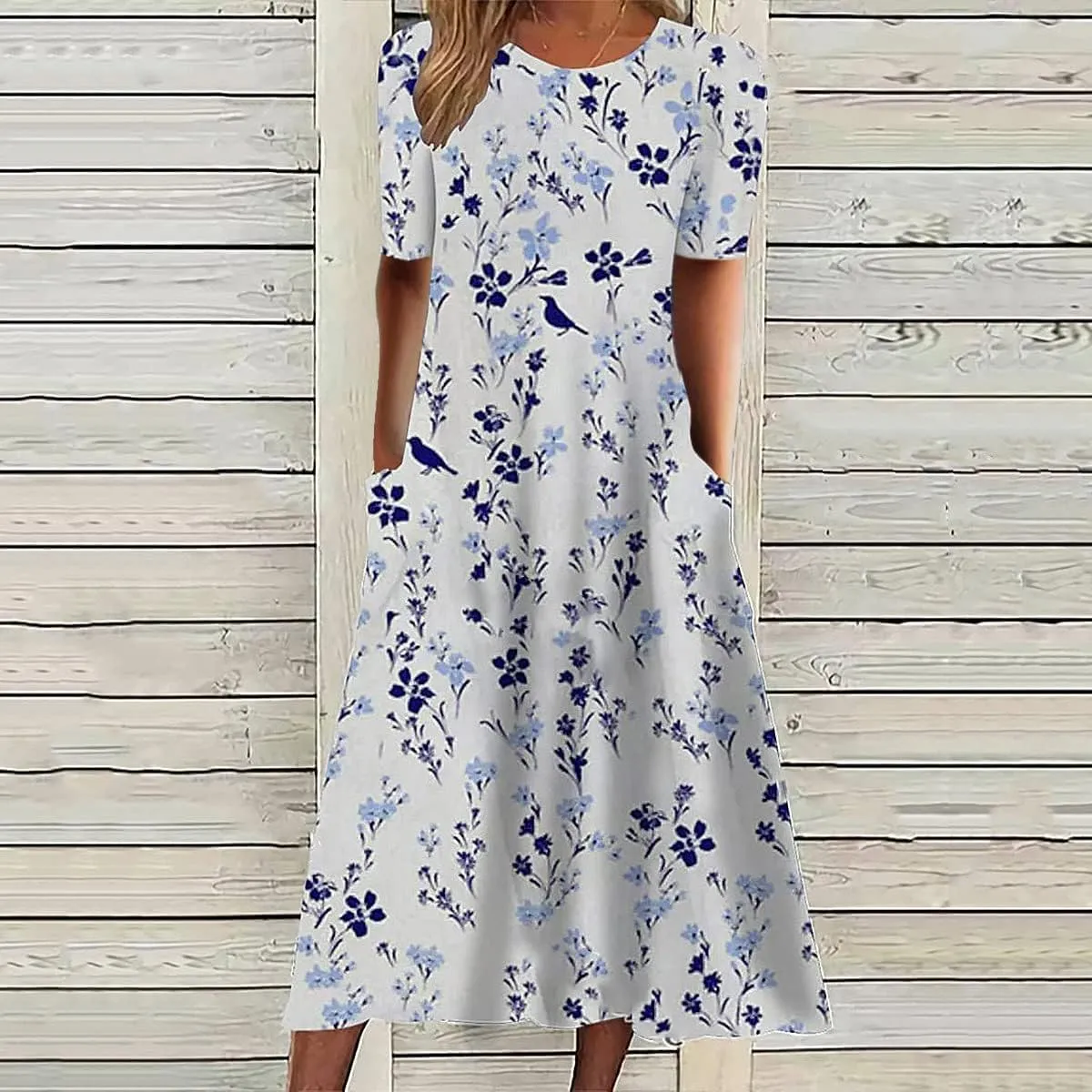 Boho Dresses for Women 2024 Short Sleeve Crewneck Floral Print Summer Beach Dress with Pockets S-3XL