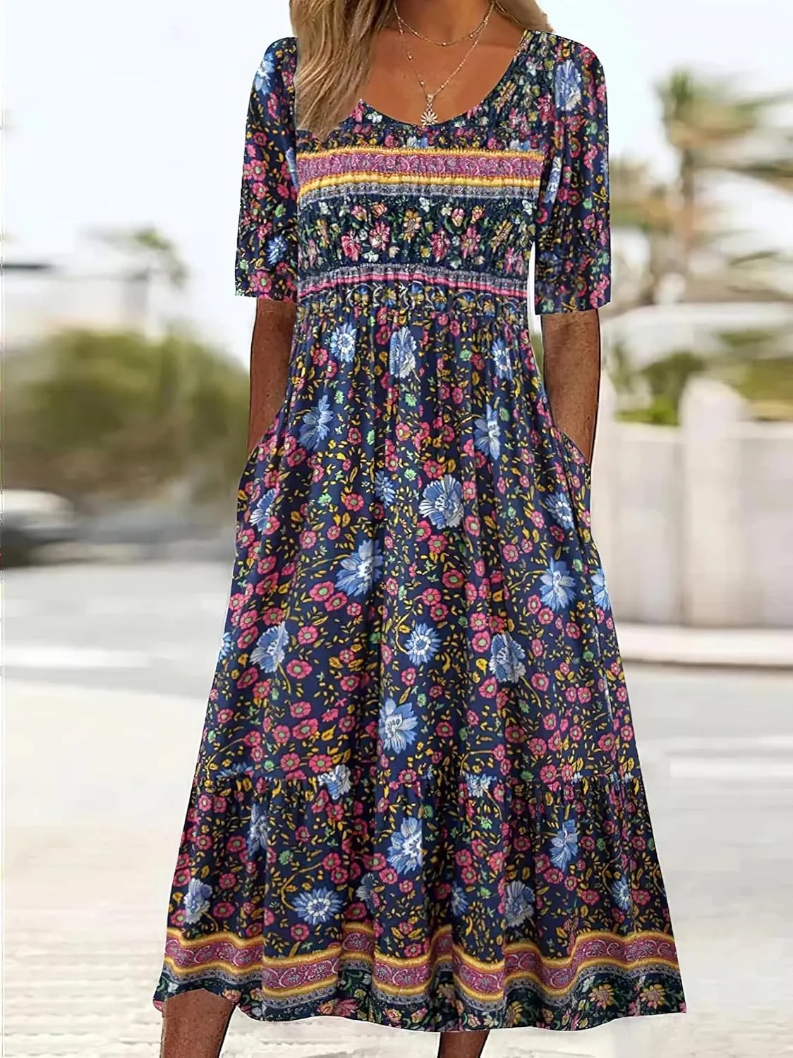 Boho Dresses for Women 2024 Short Sleeve Crewneck Floral Print Summer Beach Dress with Pockets S-3XL