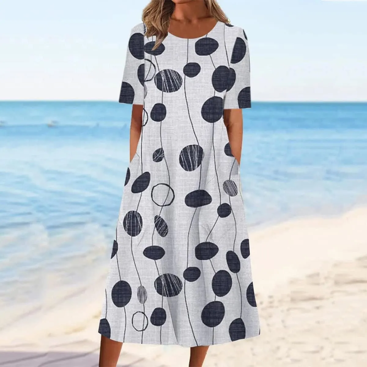 Boho Dresses for Women 2024 Short Sleeve Crewneck Floral Print Summer Beach Dress with Pockets S-3XL