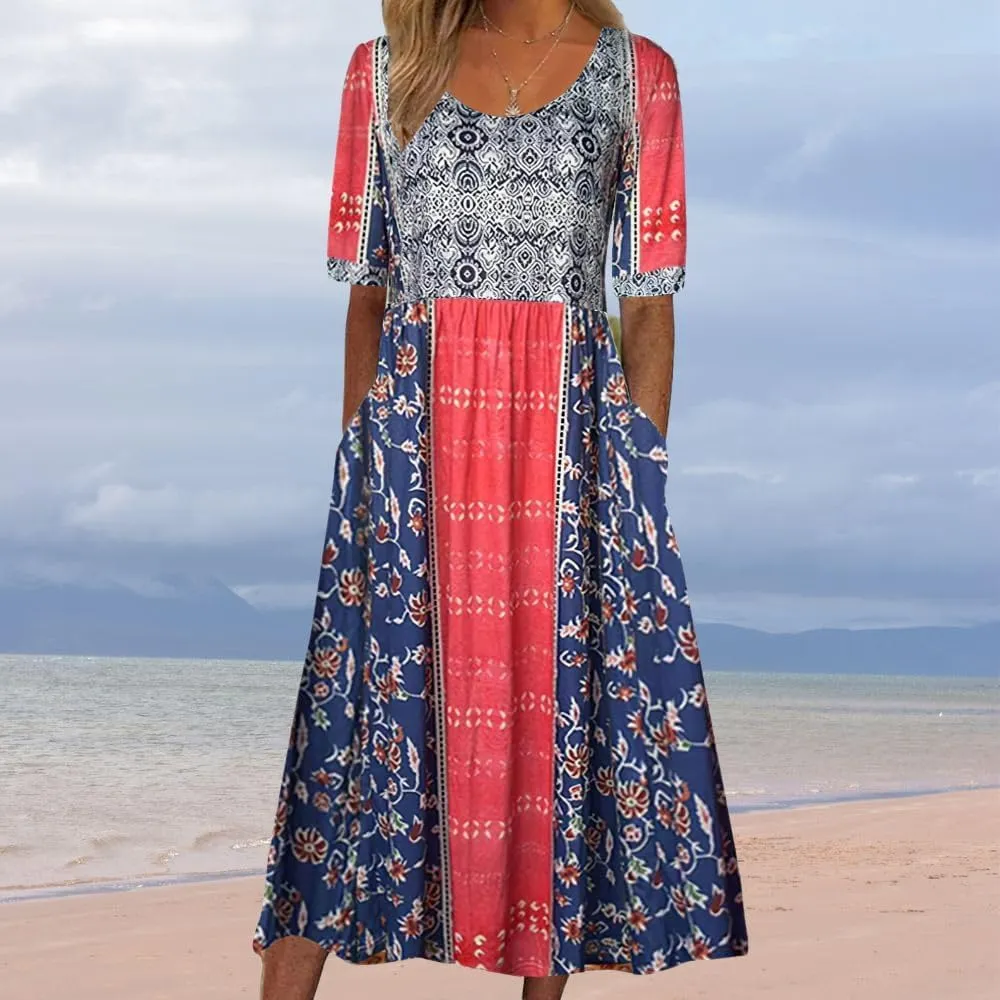 Boho Dresses for Women 2024 Short Sleeve Crewneck Floral Print Summer Beach Dress with Pockets S-3XL