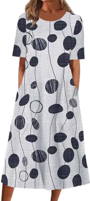 Boho Dresses for Women 2024 Short Sleeve Crewneck Floral Print Summer Beach Dress with Pockets S-3XL
