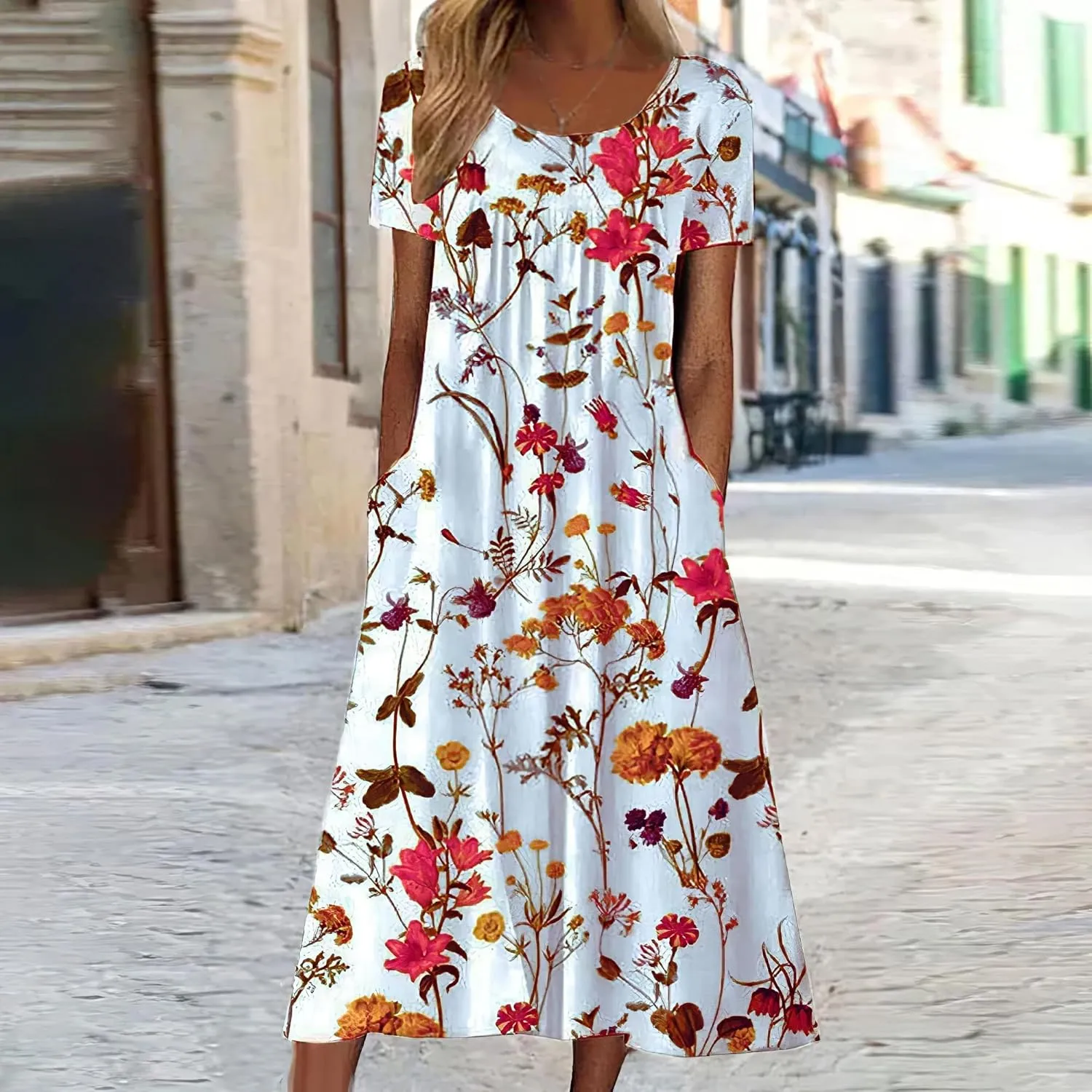 Boho Dresses for Women 2024 Short Sleeve Crewneck Floral Print Summer Beach Dress with Pockets S-3XL
