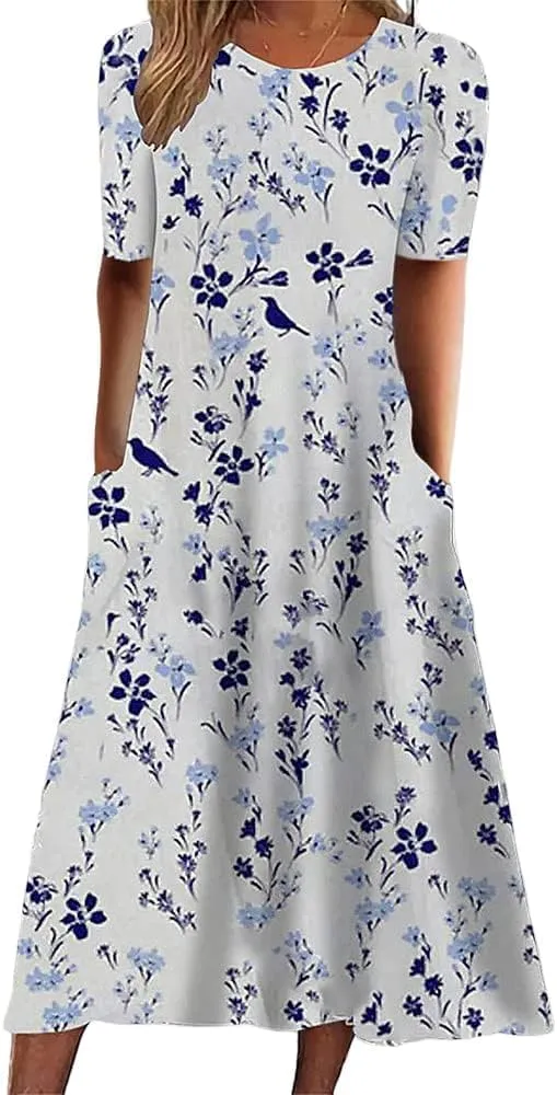Boho Dresses for Women 2024 Short Sleeve Crewneck Floral Print Summer Beach Dress with Pockets S-3XL