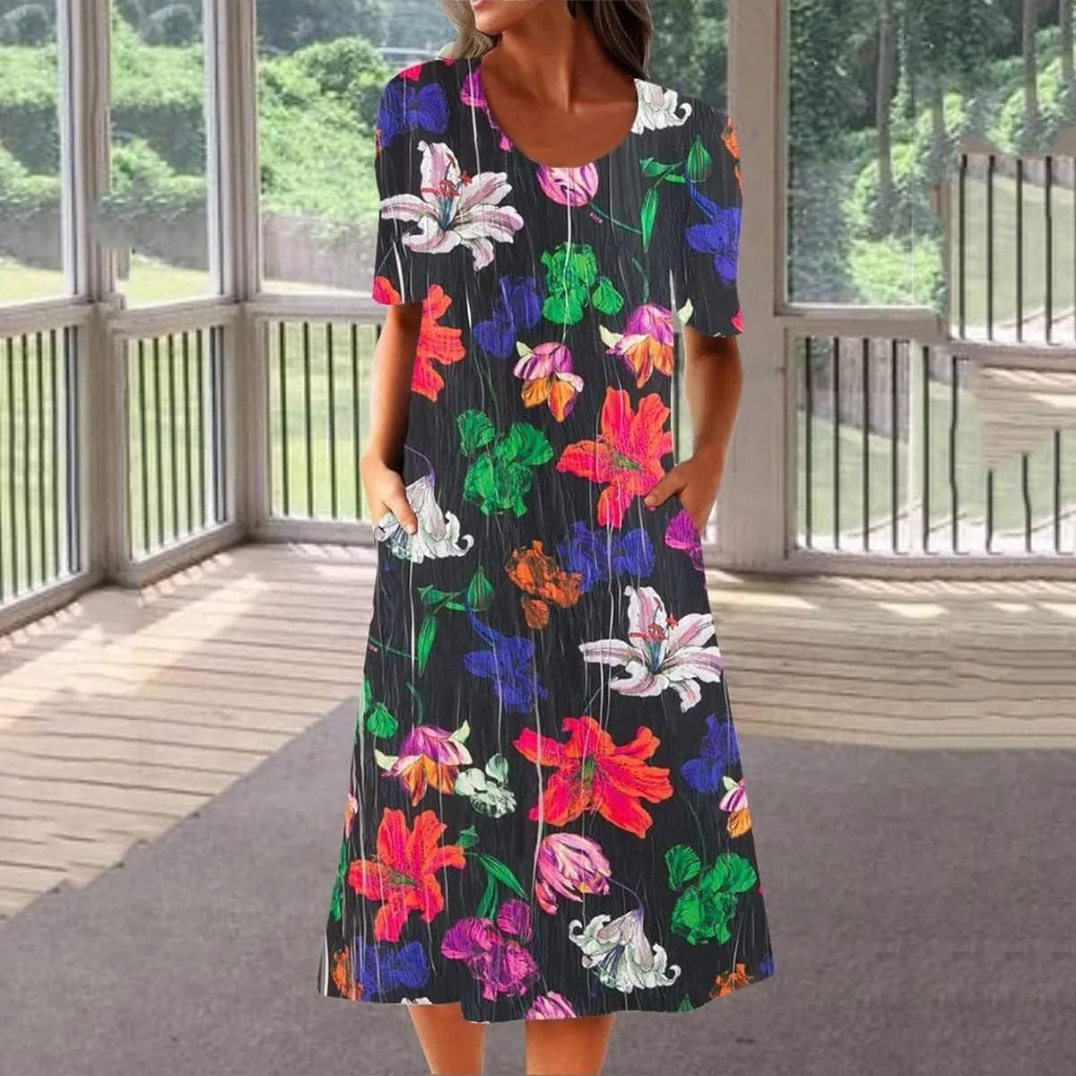Boho Dresses for Women 2024 Short Sleeve Crewneck Floral Print Summer Beach Dress with Pockets S-3XL