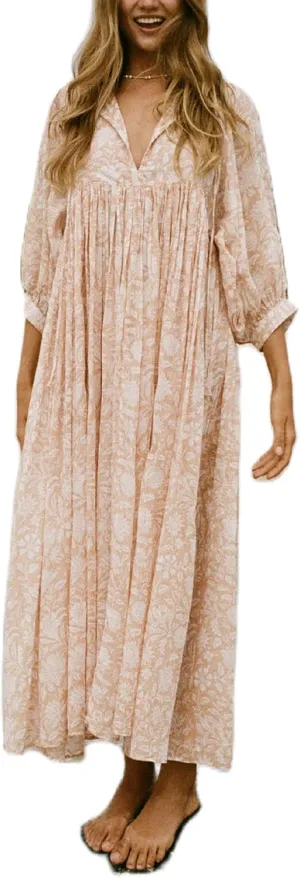 Boho Floral Maxi Dress for Women Puff Sleeve V Neck Loose Flowy Long Dress Beach Oversized Tiered Swing Sundress