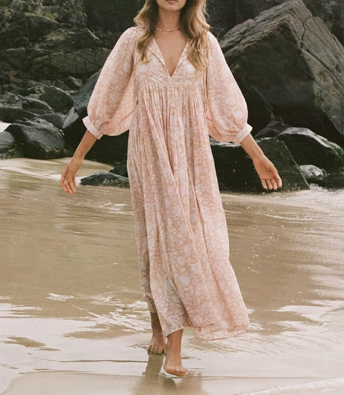 Boho Floral Maxi Dress for Women Puff Sleeve V Neck Loose Flowy Long Dress Beach Oversized Tiered Swing Sundress