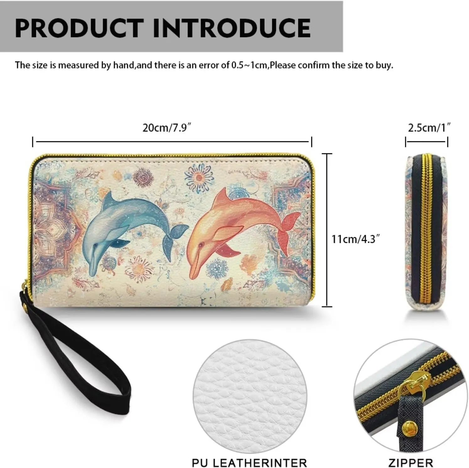 Boho Mandala Wristlet Clutch, Dolphin Print Leather Purse Clutch Wallet, Portable Travel Long Purse, Wristlet Clutch for Women, Large Capacity Credit Card Holder