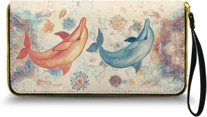 Boho Mandala Wristlet Clutch, Dolphin Print Leather Purse Clutch Wallet, Portable Travel Long Purse, Wristlet Clutch for Women, Large Capacity Credit Card Holder