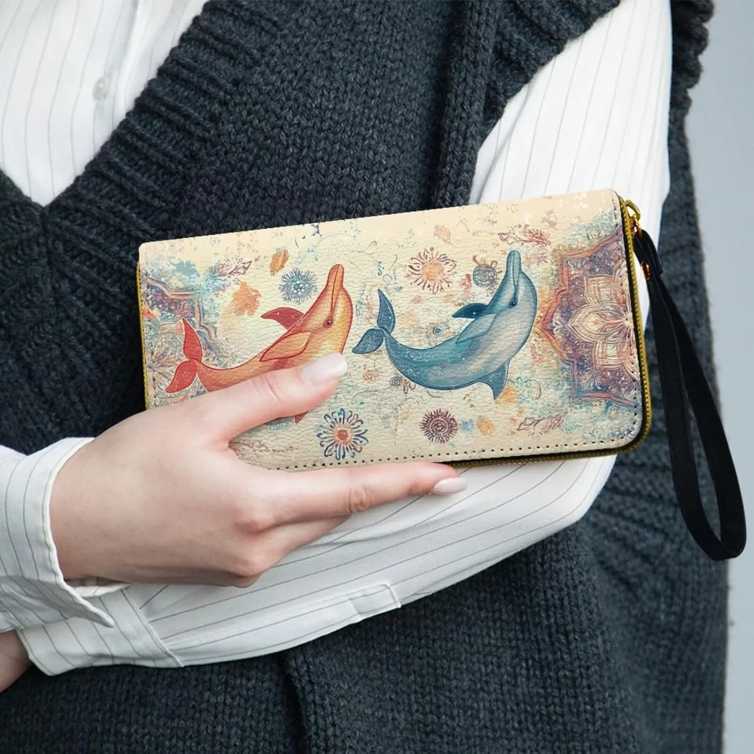 Boho Mandala Wristlet Clutch, Dolphin Print Leather Purse Clutch Wallet, Portable Travel Long Purse, Wristlet Clutch for Women, Large Capacity Credit Card Holder