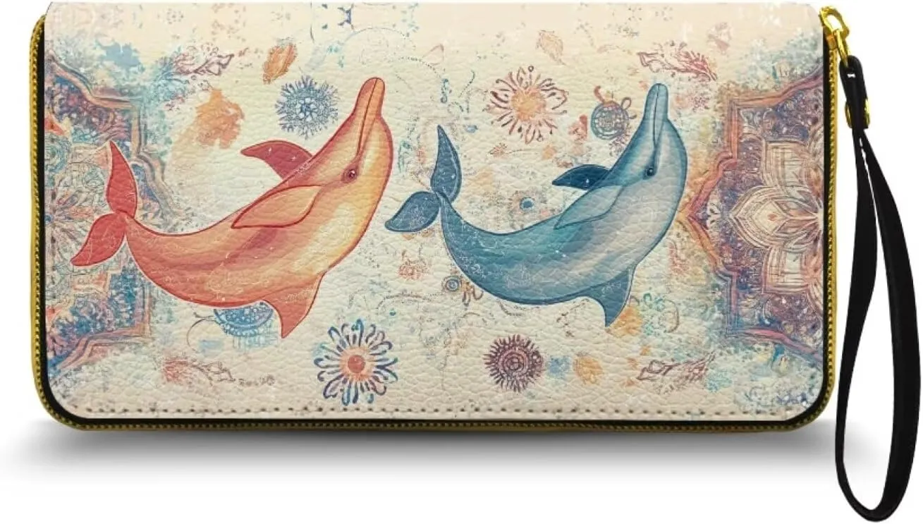 Boho Mandala Wristlet Clutch, Dolphin Print Leather Purse Clutch Wallet, Portable Travel Long Purse, Wristlet Clutch for Women, Large Capacity Credit Card Holder