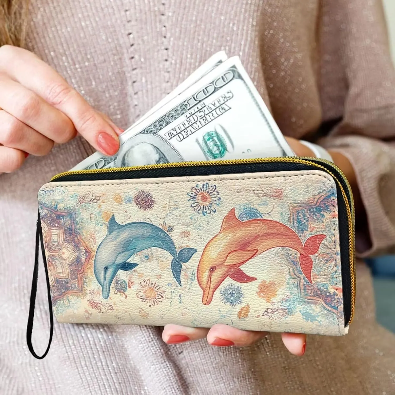 Boho Mandala Wristlet Clutch, Dolphin Print Leather Purse Clutch Wallet, Portable Travel Long Purse, Wristlet Clutch for Women, Large Capacity Credit Card Holder
